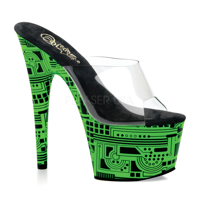 PLEASER MOTIF-701CY 7" Stiletto UV-Activated Cyber Print P/F Slide Clr/UV Lime