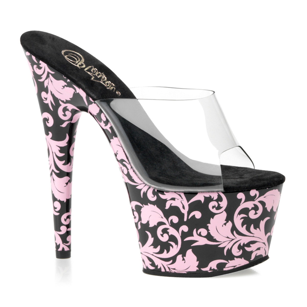 PLEASER MOTIF-701FL 7" Stiletto Heel Filigree Print Platform Slide Clr/Blk-B. Pink