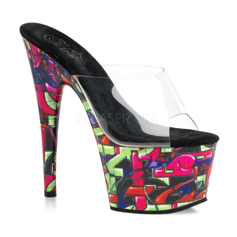 PLEASER MOTIF-701GF 7" Stiiletto Heel Graffiti Print Platform Slide Clr/Multi