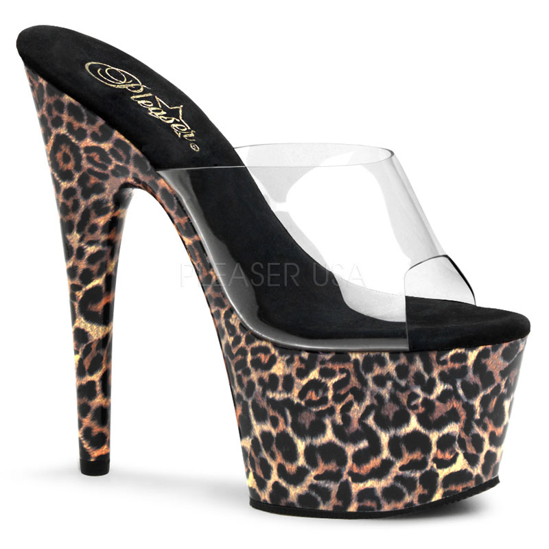 PLEASER MOTIF-701LP 7" Stiletto Heel Leopard Print Platform Slide Clr/Leopard