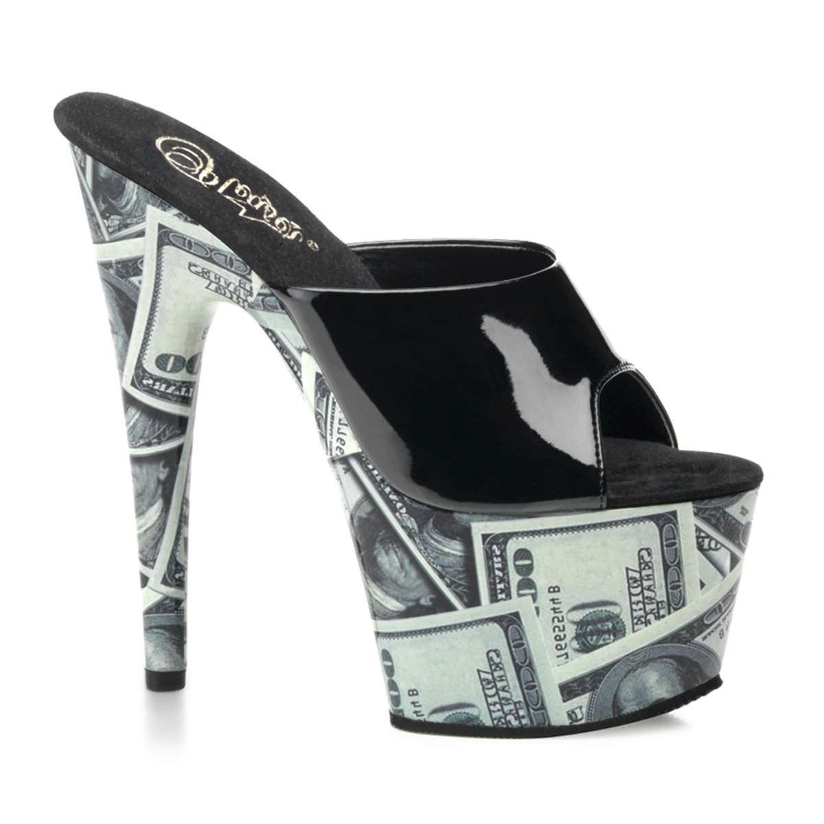 PLEASER MOTIF-701MO 7" Stiletto Heel Money Print Platform Slide Blk Pat/Green
