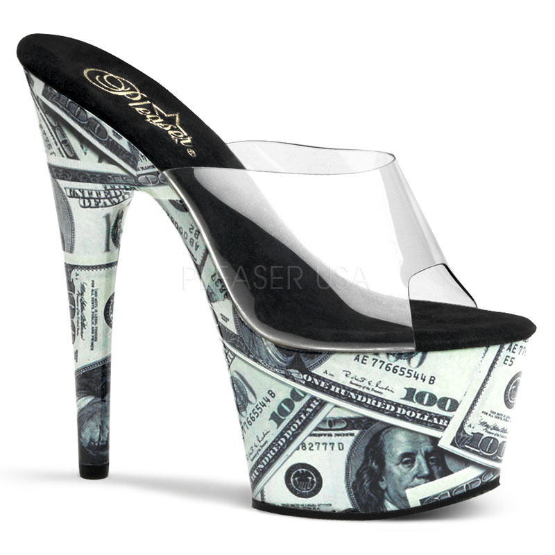 PLEASER MOTIF-701MO 7" Stiletto Heel Money Print Platform Slide Clr/Green