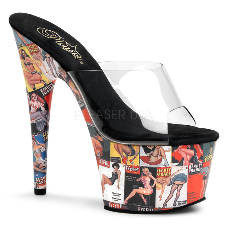 PLEASER MOTIF-701PG 7" Stiletto Heel Pin Up Girl Print P/F Slide Clr/Multi