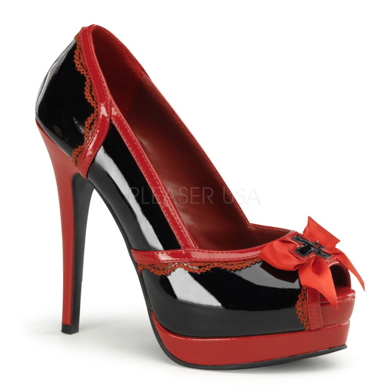 FUNTASMA NURSE-22 5 1/4" Heel, 3/4" P/F Peep Toe Pump W/ Bow Accent Blk-Red Pat