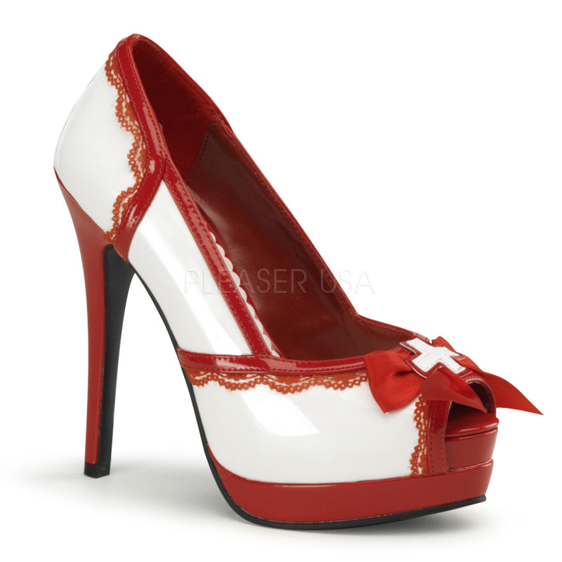 FUNTASMA NURSE-22 5 1/4" Heel, 3/4" P/F Peep Toe Pump W/ Bow Accent Wht-Red Pat