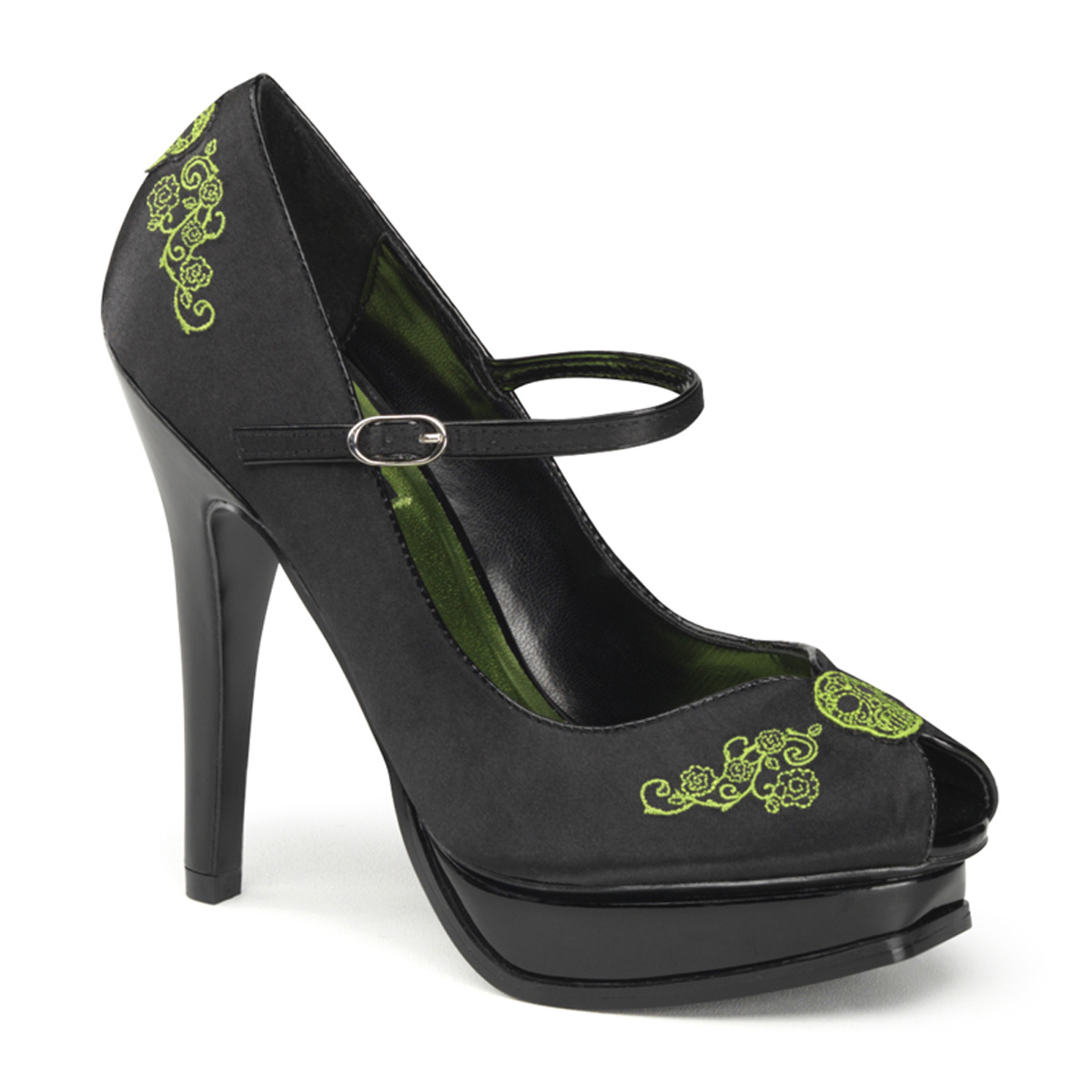 PINUP COUTURE PLEASURE-12 5 1/4" Heel, 1" P/F Peep Toe Mary Jane W/ Embroidery Detail Blk Satin-Lime Green Embroidery