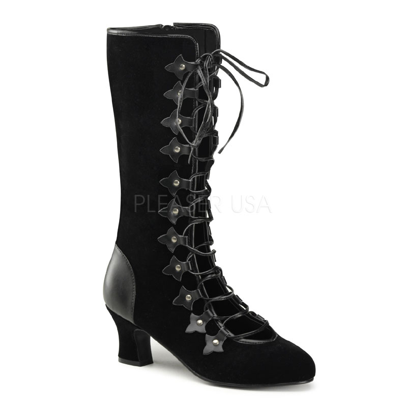 FUNTASMA RENFAIR-128 2 1/2" Heel, Open Front Lace Up Calf BT W/ Inner Side Zip Blk Velvet-Pu