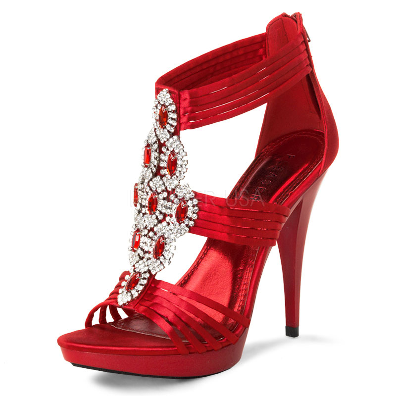 Red Satin Wrapping Rhinestone Sandals 4 3/4 inch High