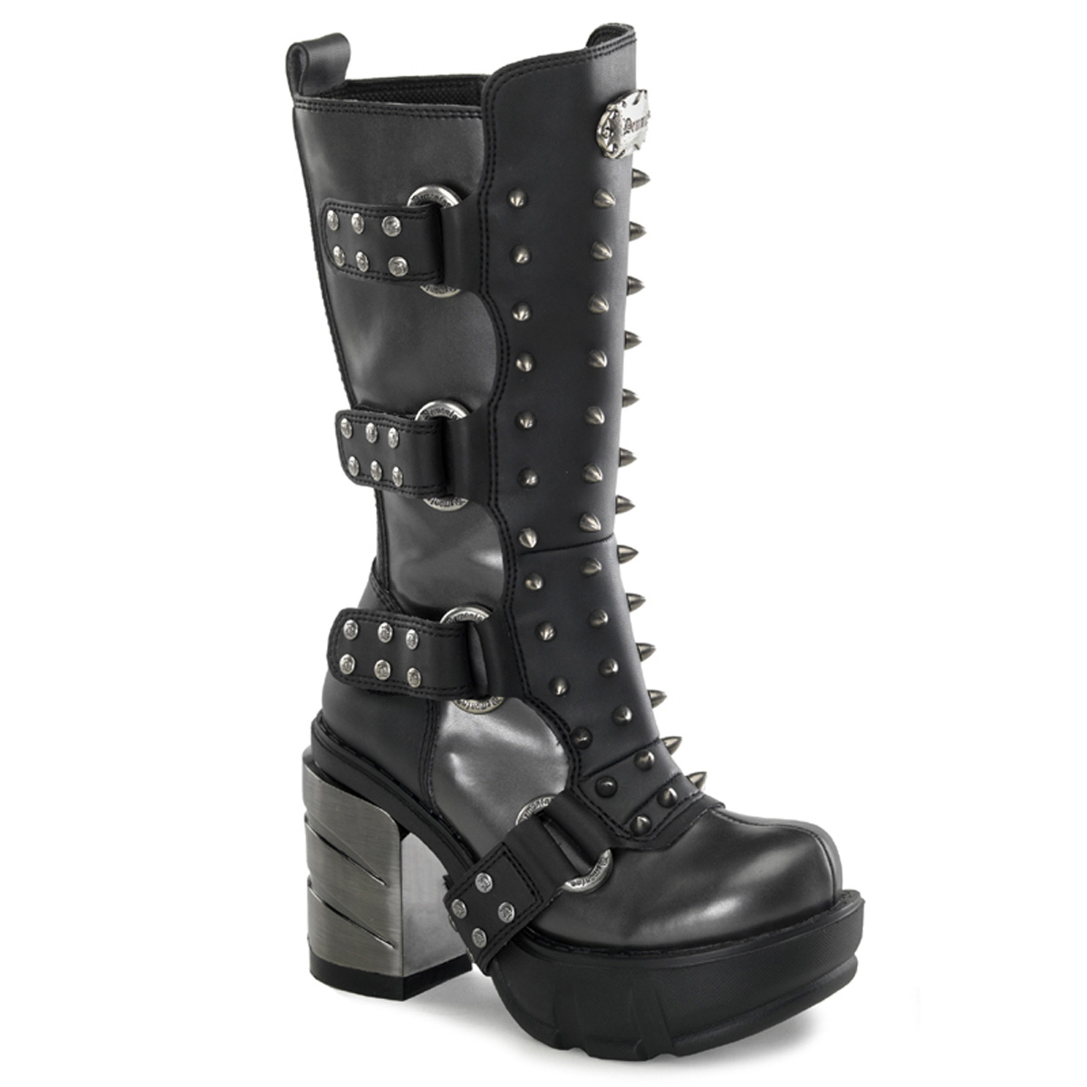 DEMONIA  SINISTER-202 Women's 3 1/2" Chromed ABS Heel, 1 1/2" Moulded Pu PF Calf Boots/D.Gray-Blk Pu