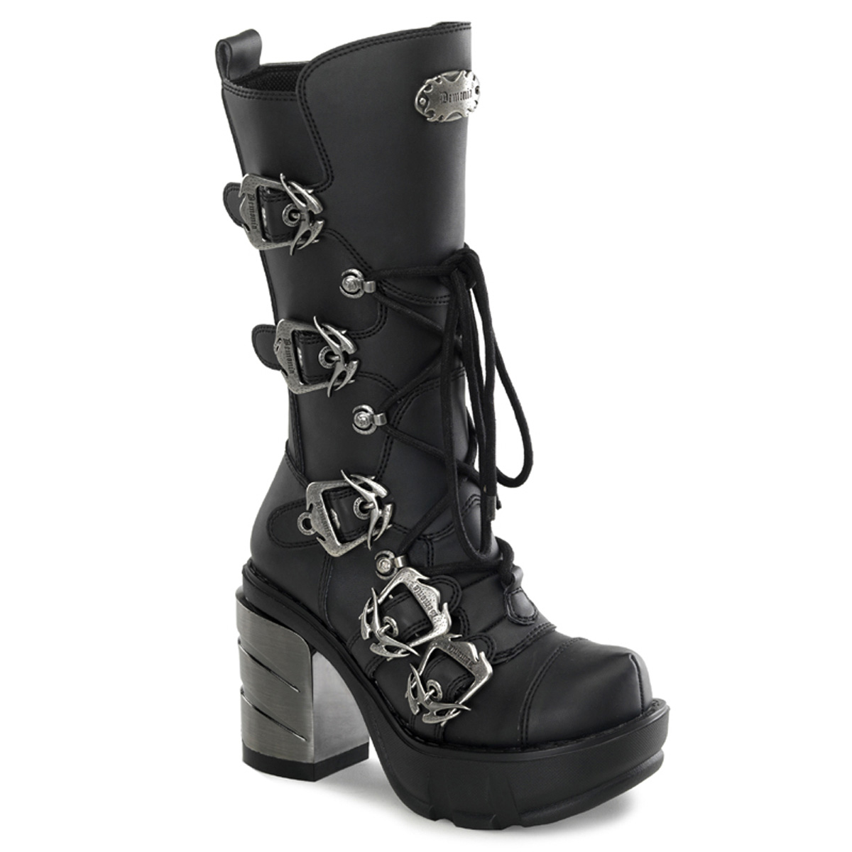 DEMONIA  SINISTER-203 Women's 3 1/2" Chromed ABS Heel, 1 1/2" Moulded Pu PF Calf Boots/Blk Pu
