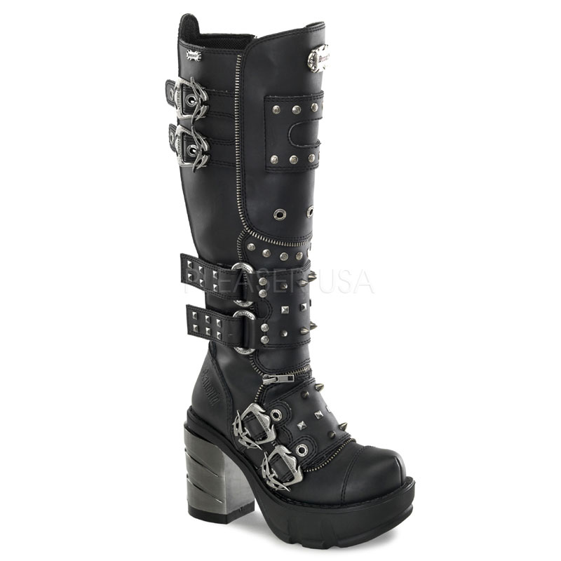 DEMONIA  SINISTER-300 Women's 3 1/2" Chromed ABS Heel, 1 1/2" Moulded Pu PF Knee Boots/Blk Pu