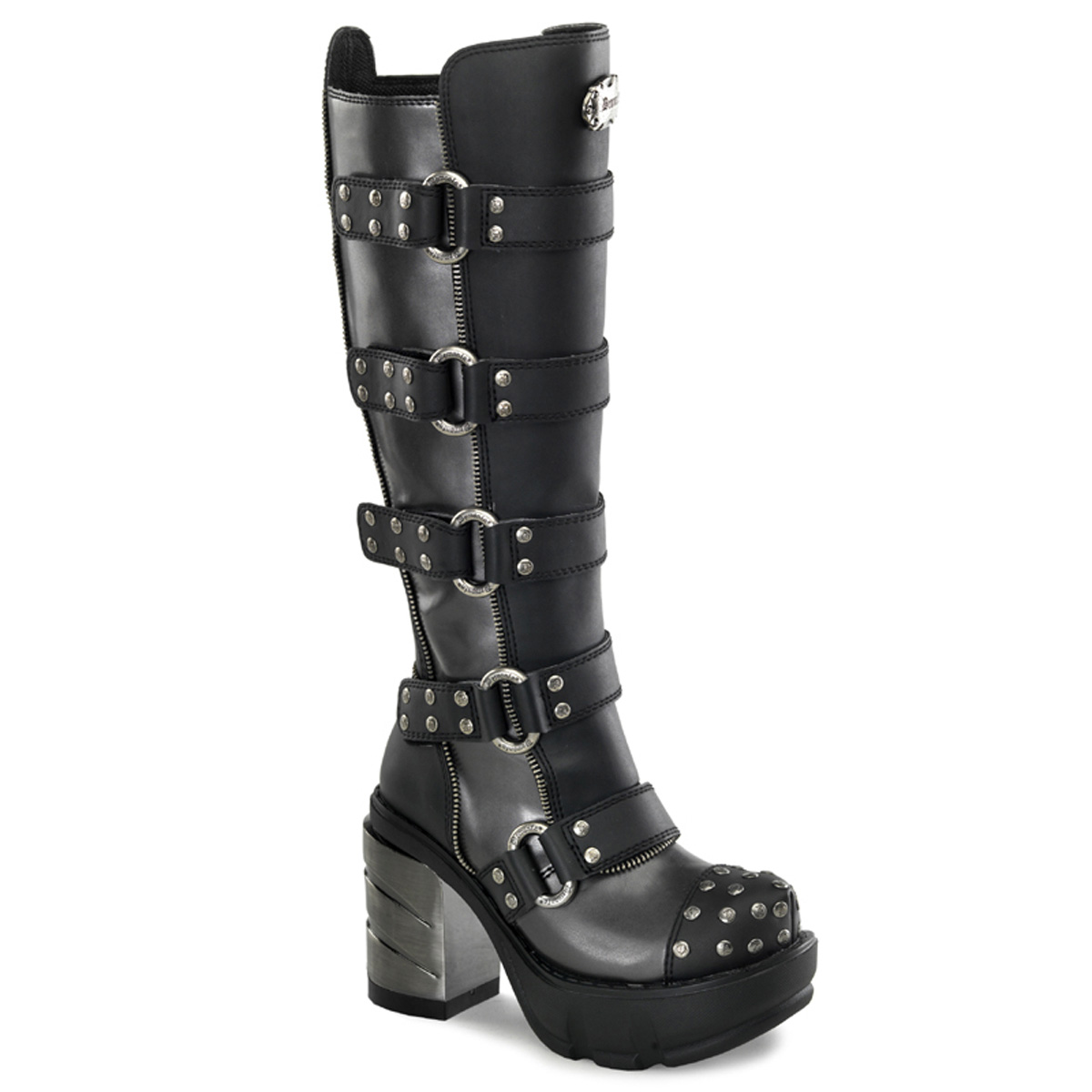 DEMONIA  SINISTER-302 Women's 3 1/2" Chromed ABS Heel, 1 1/2" Moulded Pu PF Knee Boots/D.Gray-Blk Pu