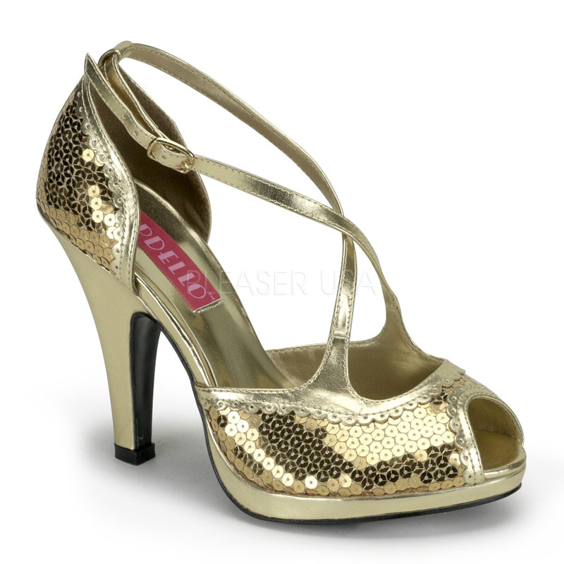 BORDELLO SIREN-07SQ 4" Heel Cross Cross Peep Toe Sandal Gold Sequins