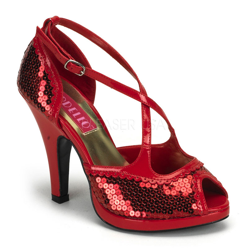 BORDELLO SIREN-07SQ 4" Heel Criss Cross Peep Toe Sandal Red Sequins