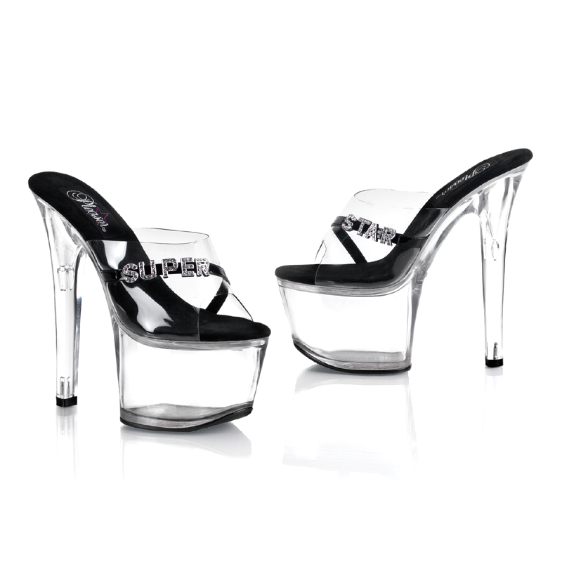 CLEARANCE SKY-301-5 *6 3/4" Stiletto Heel PF Slide W/"Super Star" Le Clr-Blk/Clr