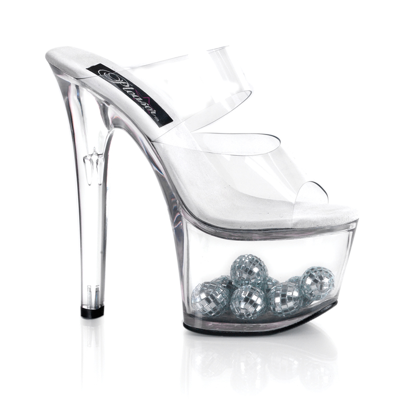 CLEARANCE SKY-302-4 *6 3/4" Stiletto Heel Two-Band PF Slide W/Disco Clr/Disco Balls