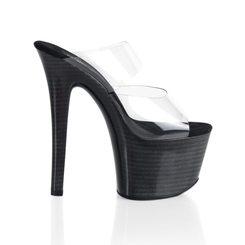 CLEARANCE SKY-302W *6 3/4" Stiletto Heel Two-Band Faux Wood PF Slide Clr/Blk Faux Wood