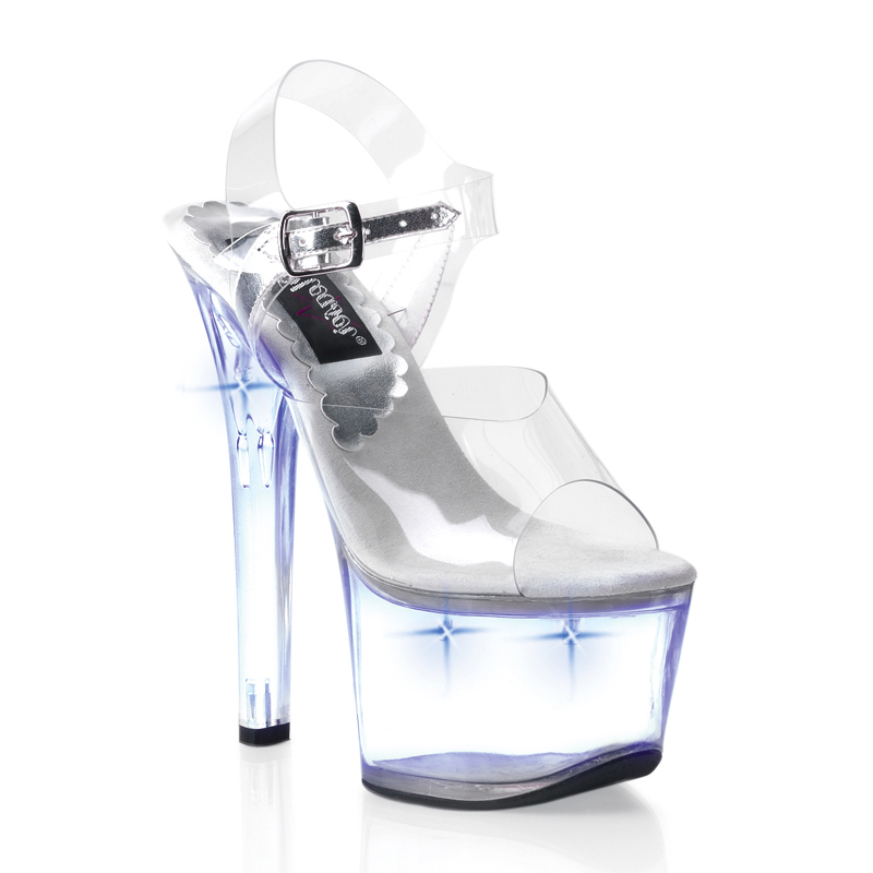 CLEARANCE SKY-308LT *6 3/4" Stiletto Heel Ankle Strap Lite-Up PF San Clr/Blue Lights