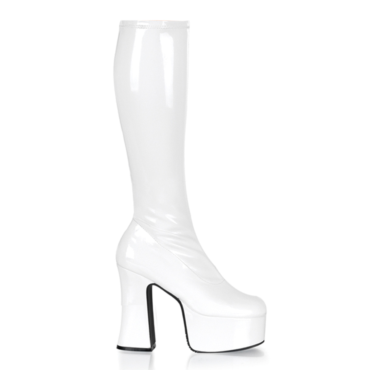 DEMONIA SLICK-100 4 3/4" P/F Wht Stretch Pat Knee Boot Wht Str Pat