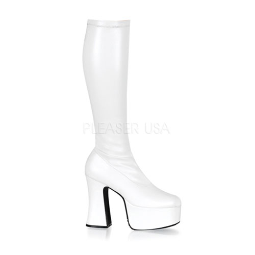 DEMONIA SLICK-100 4 3/4" P/F Wht Stretch Pu Knee Boot Wht Str Pu