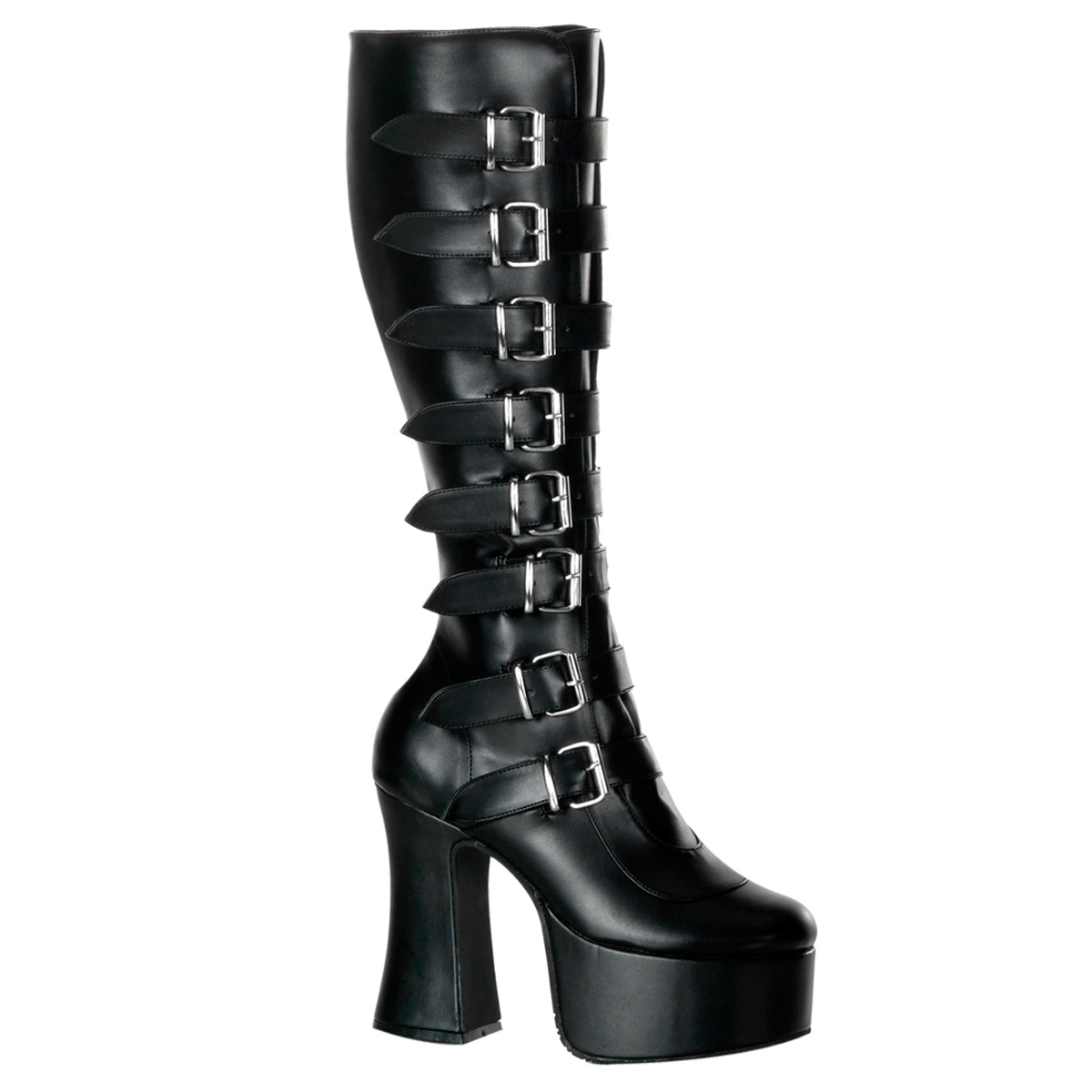 DEMONIA SLUSH-249 4 3/4" 8 Buckled P/F Blk Pu Knee Boot Blk Pu