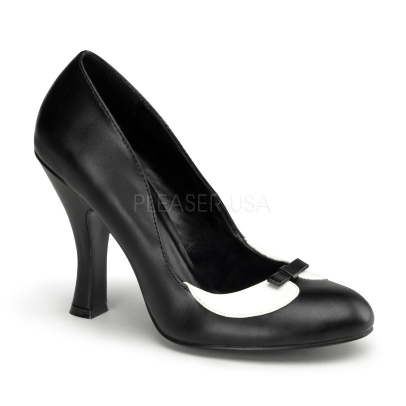 PINUP COUTURE SMITTEN-05 4" Heel Two-Tone Pump W/ Peter Pan Collar & Mini Bow Blk-Wht Pu