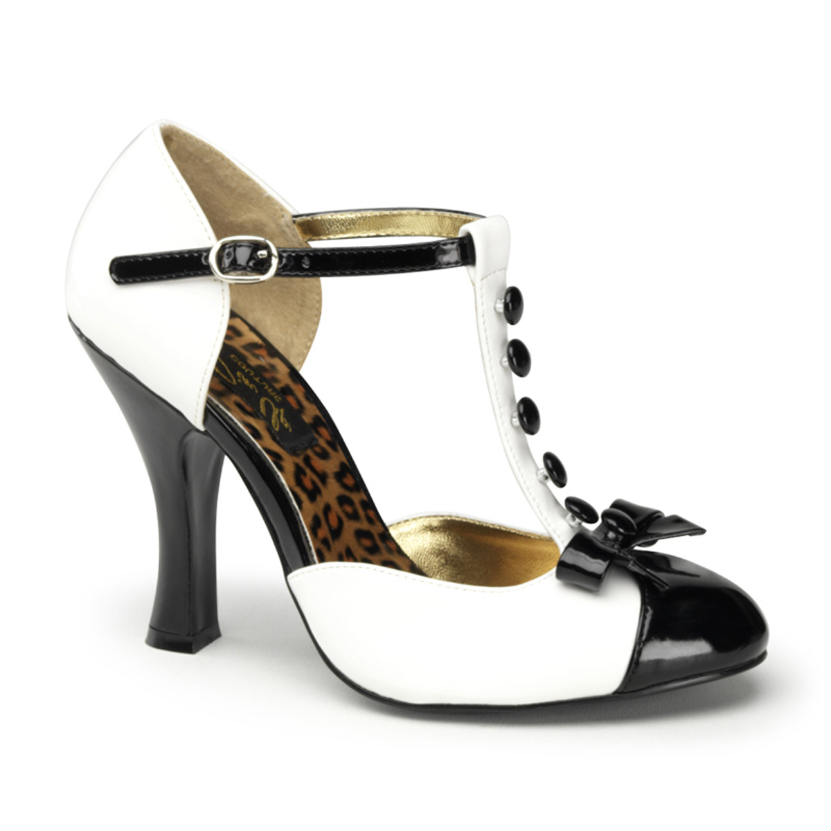 PINUP COUTURE SMITTEN-10 4" Heel T-Strap D'orsay Pump W/ Mini Bow Accent Wht-Blk Pat