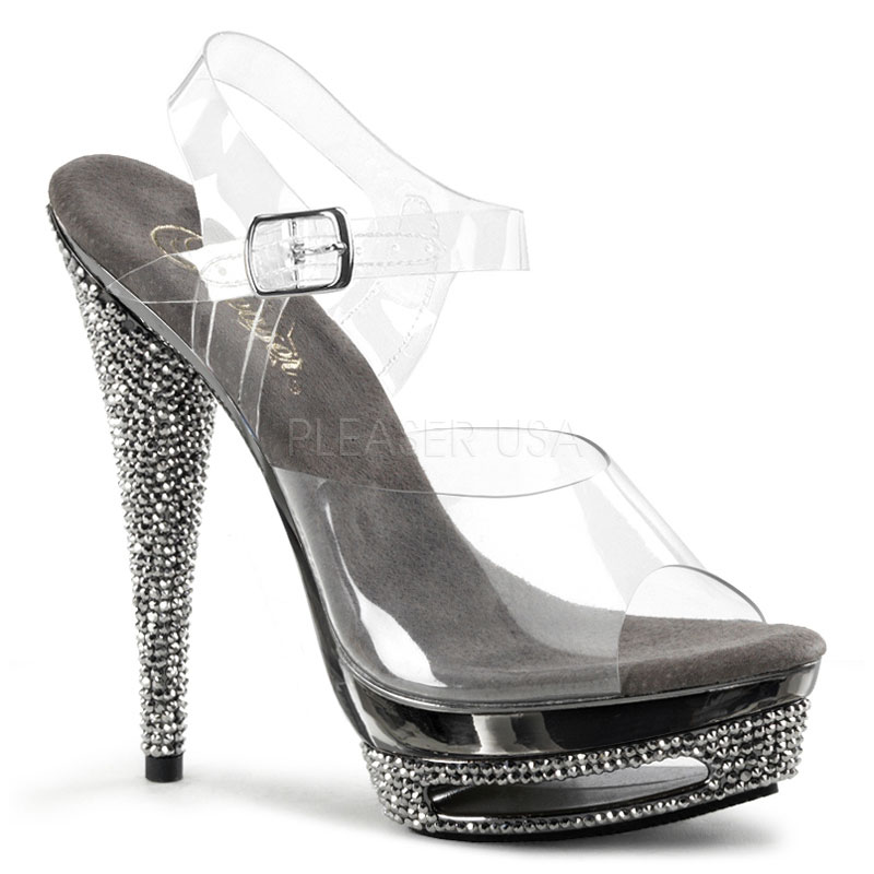 PLEASER Day & Night SPIKY-608MG  Women's 5 3/4" Heel, 1 1/2" PF Ankle Strap Sandals/Clr/ Pewter Chrome