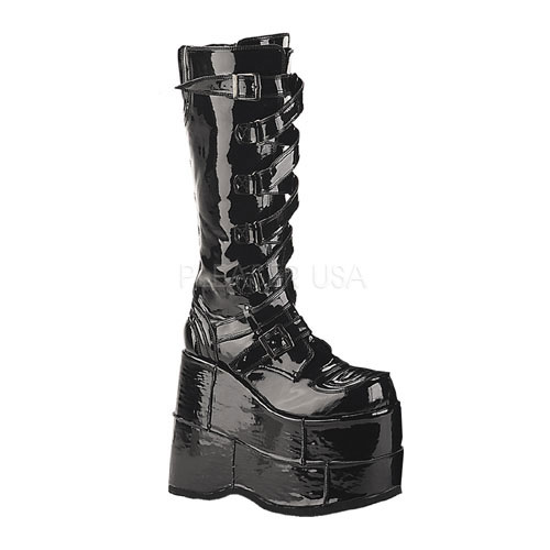 DEMONIA STACK-308 7" Zip-Zag Strap P/F Blk Pat Knee Boot Blk Pat