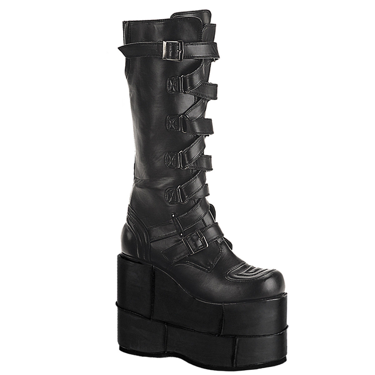 DEMONIA STACK-308 7" Zip-Zag Strap P/F Blk Pu Knee Boot Blk Pu