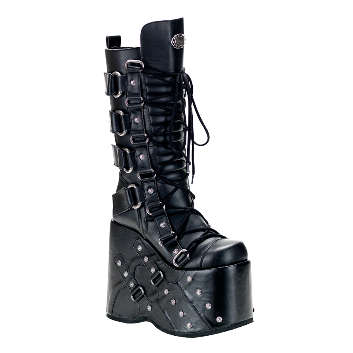 DEMONIA STACK-318 7" P/F Knee Boot Blk Pu