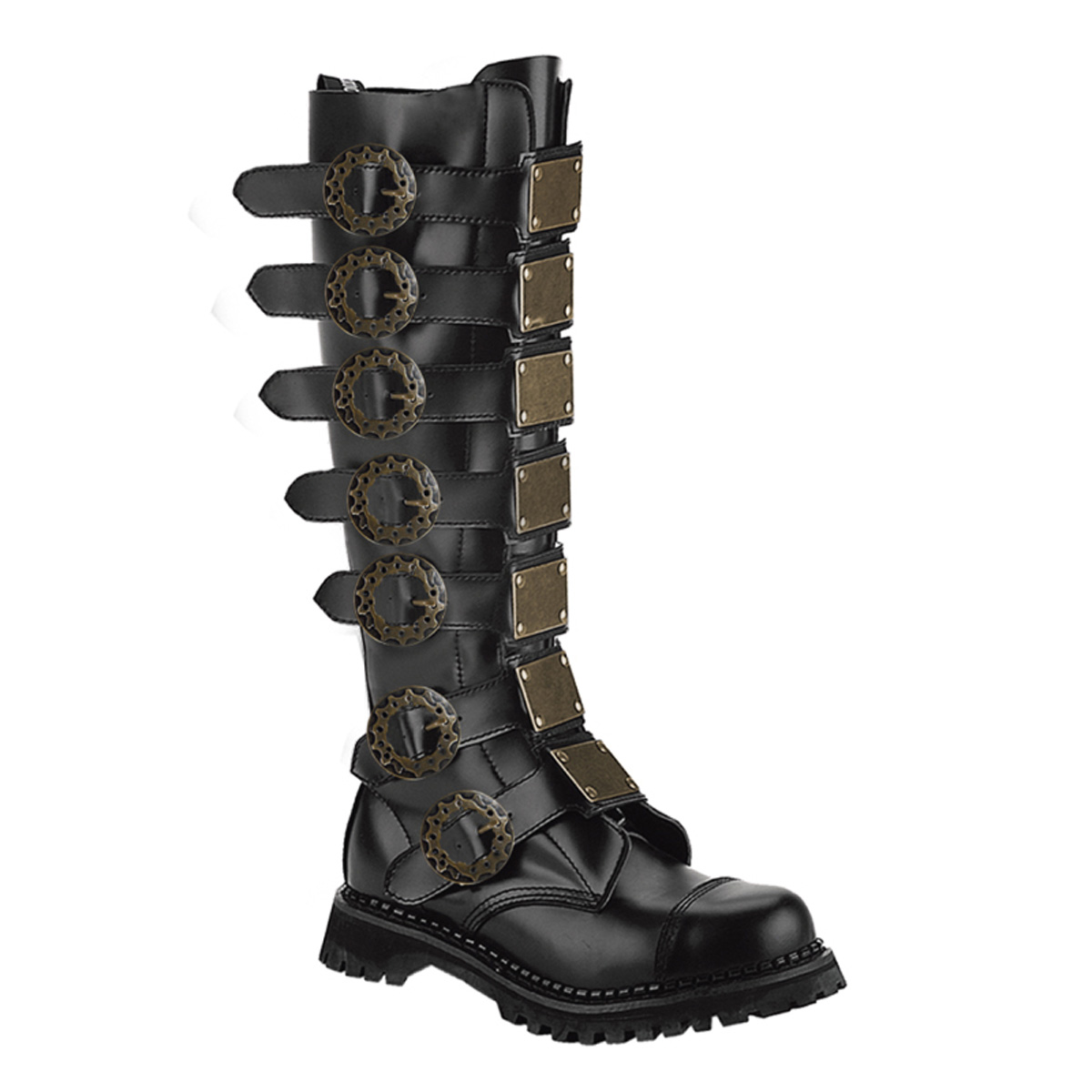 DEMONIA STEAM-30 30 Eyelet Metal Plates S/T Blk Leather Knee Boot Blk Leather