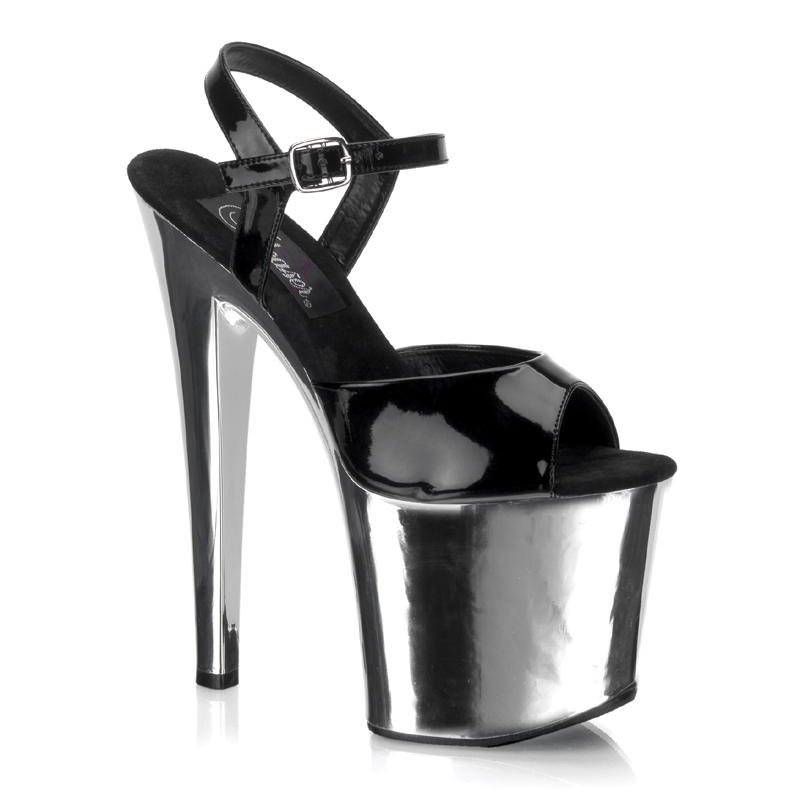 CLEARANCE TABOO-709 *7 1/2"Stiletto Heel Ankle Strap Chromed PF Sand Blk/Slv Chrome
