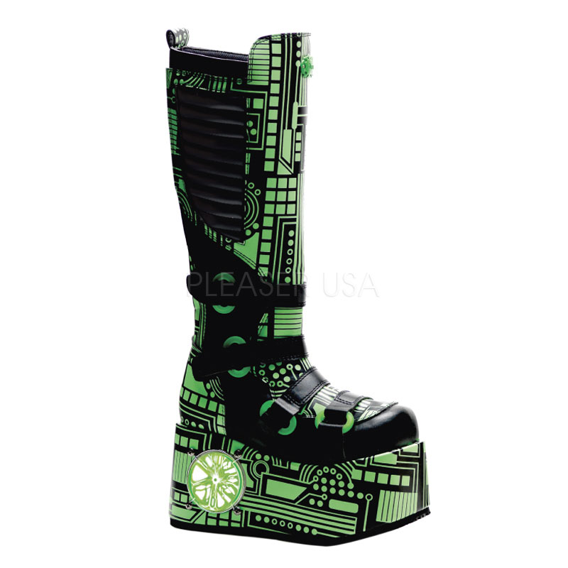 DEMONIA TECHNO-856UV Cyber Knee BT W/ Light Mechanism Built Into P/F Blk Pu-UV Lime