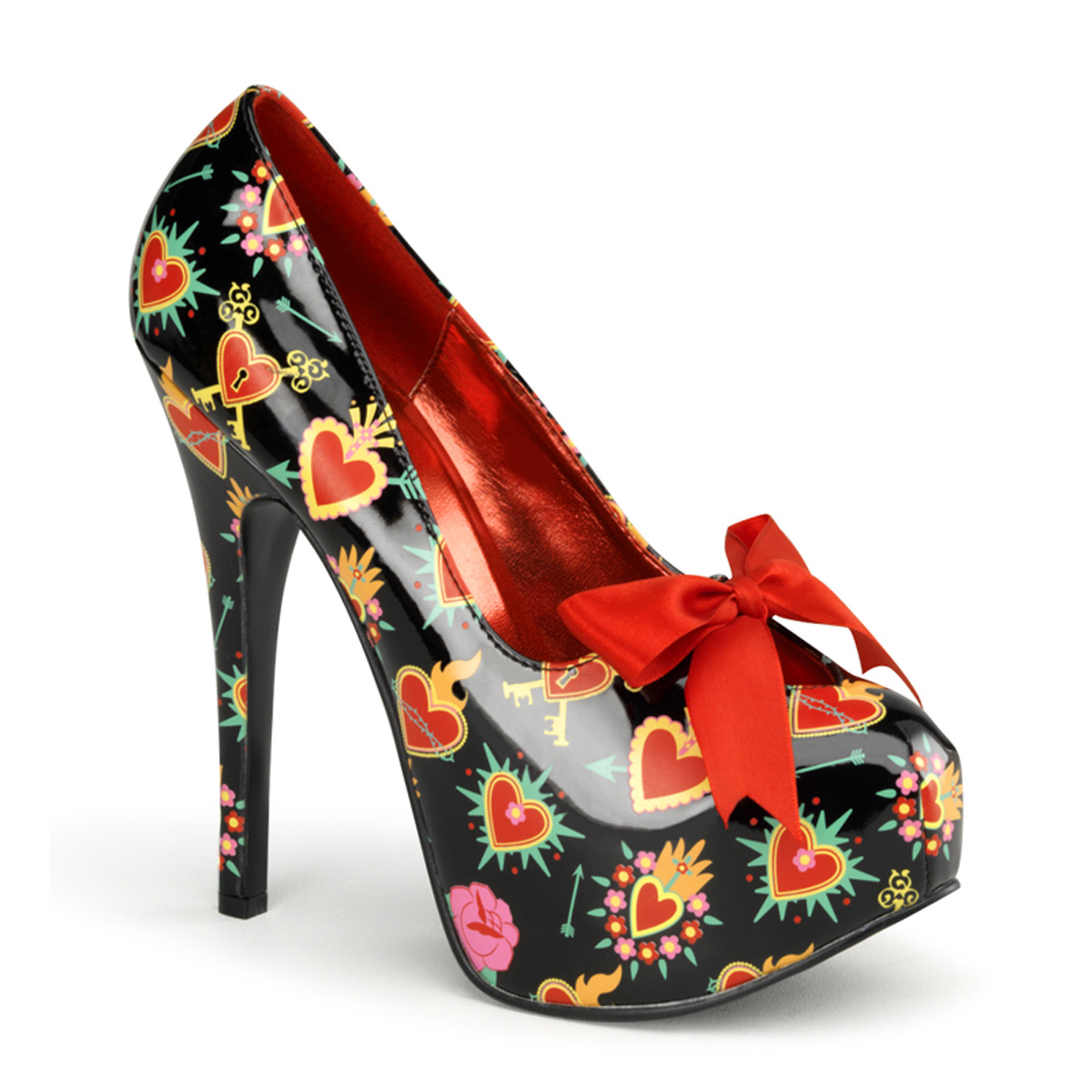PINUP COUTURE TEEZE-12-2 5 3/4" Heel, 1 3/4" Hidden P/F Pump W/ Satin Bow Tie Blk Pat (Sacred Heart Print)