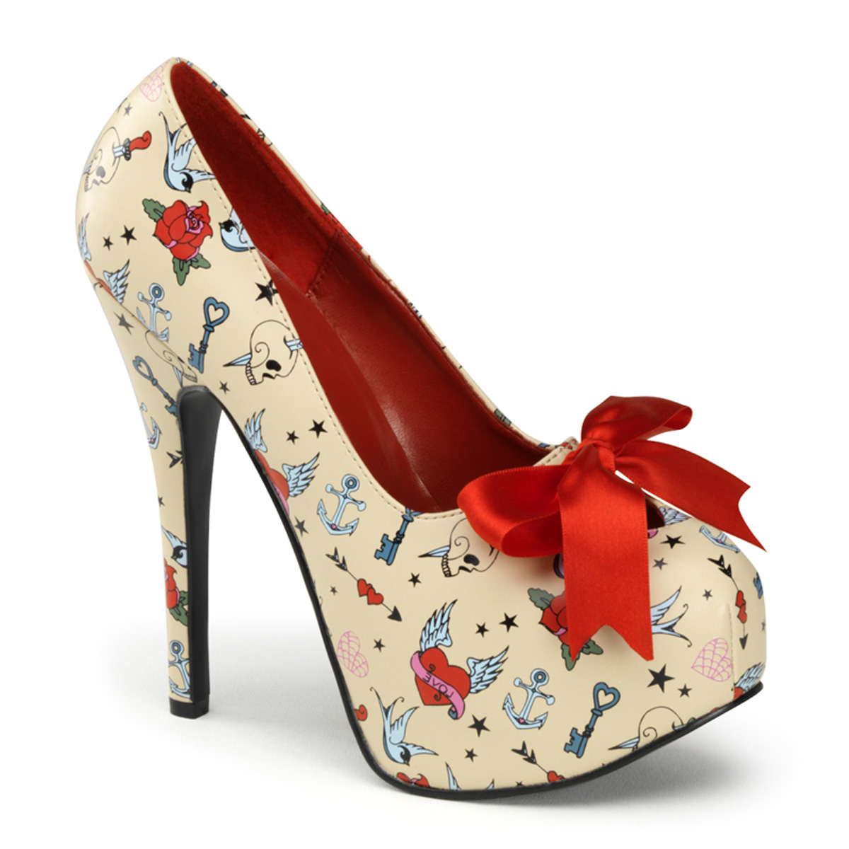 PINUP COUTURE TEEZE-12-3 5 3/4" Heel, 1 3/4" Hidden P/F Pump W/ Satin Bow Tie Cream Pu (Tattoo Print)