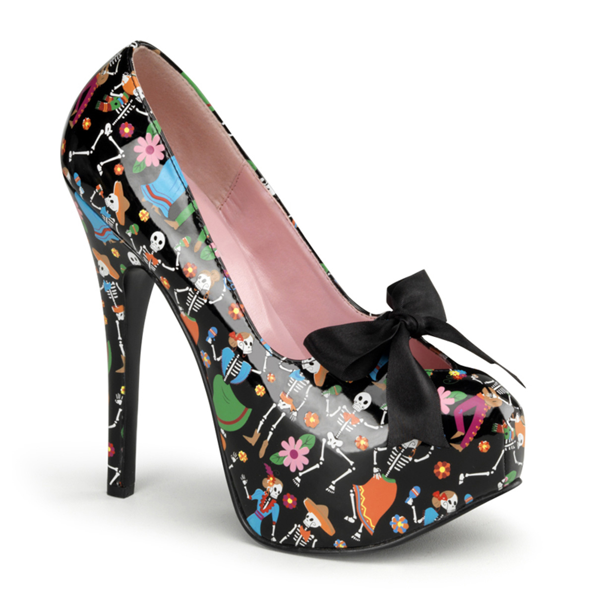 PINUP COUTURE TEEZE-12-4 5 3/4" Heel, 1 3/4" Hidden P/F Pump W/ Satin Bow Tie Blk Pat (Muertos Print)