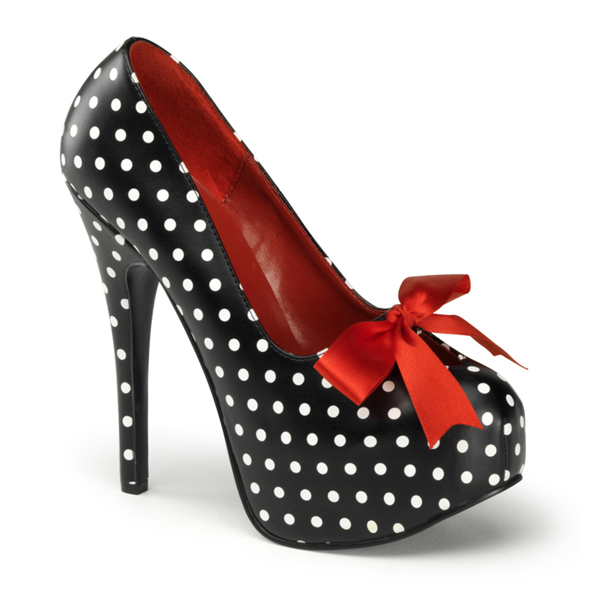 PINUP COUTURE TEEZE-12-5 5 3/4" Heel, 1 3/4" Hidden P/F Pump W/ Satin Bow Tie Blk Pu (Polka Dots Print)
