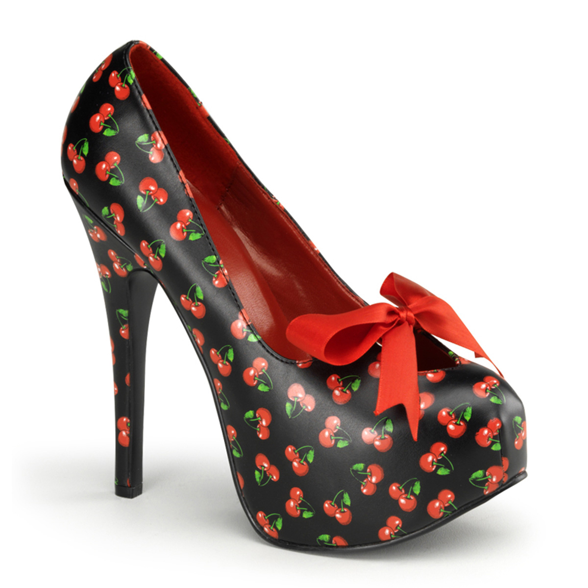 PINUP COUTURE TEEZE-12-6 5 3/4" Heel, 1 3/4" Hidden P/F Pump W/ Satin Bow Tie Blk Pu (Cherries Print)