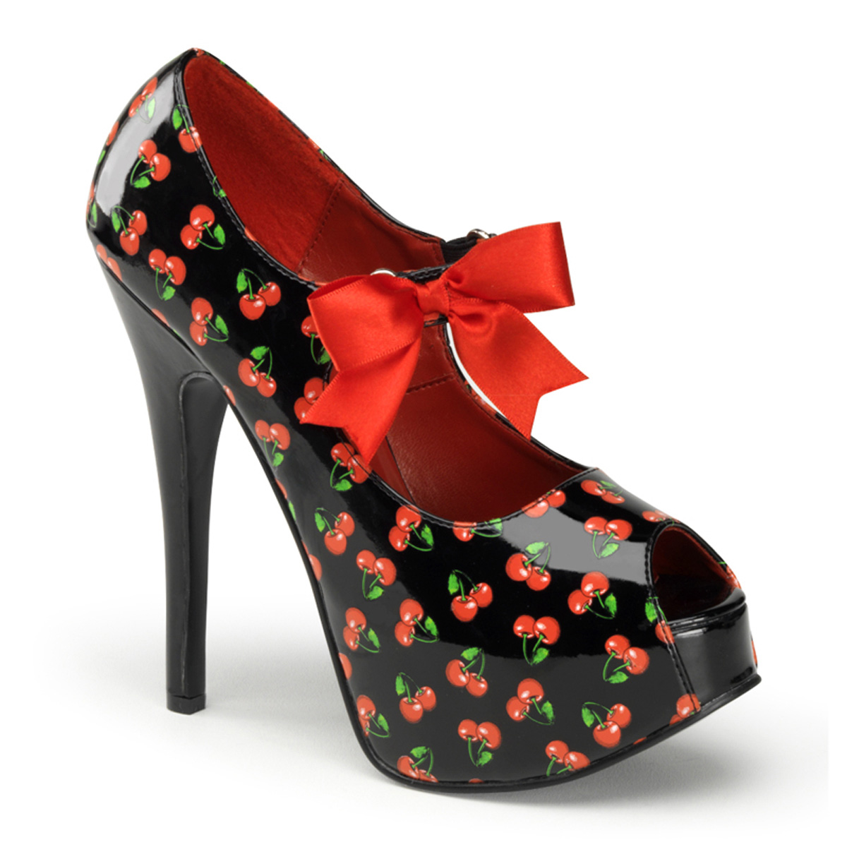 PINUP COUTURE TEEZE-25-3 5 3/4" Heel, 1 3/4" Hidden P/F Open Toe Mary Jane W/ Bow Blk Pat (Cherries Print)
