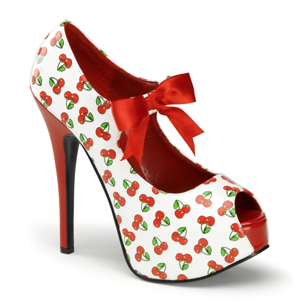 PINUP COUTURE TEEZE-25-3 5 3/4" Heel, 1 3/4" Hidden P/F Open Toe Mary Jane W/ Bow Wht-Red Pat (Cherries Print)