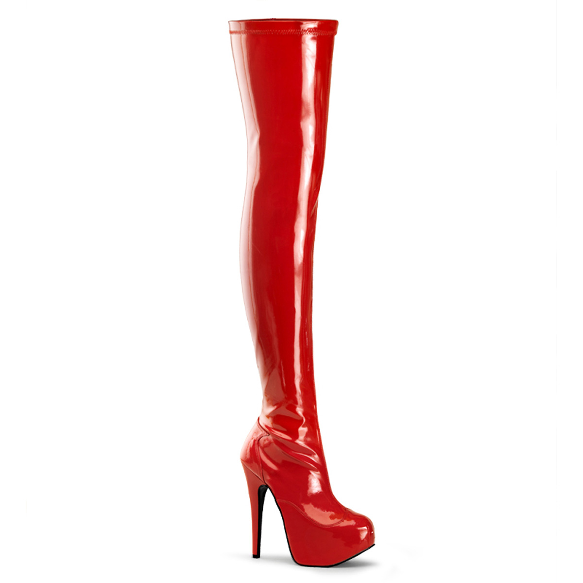 BORDELLO TEEZE-3000 5 3/4" Heel, 1 3/4" Hidden PF Stretch Thigh Boot, Side Zip/Red Str Pat