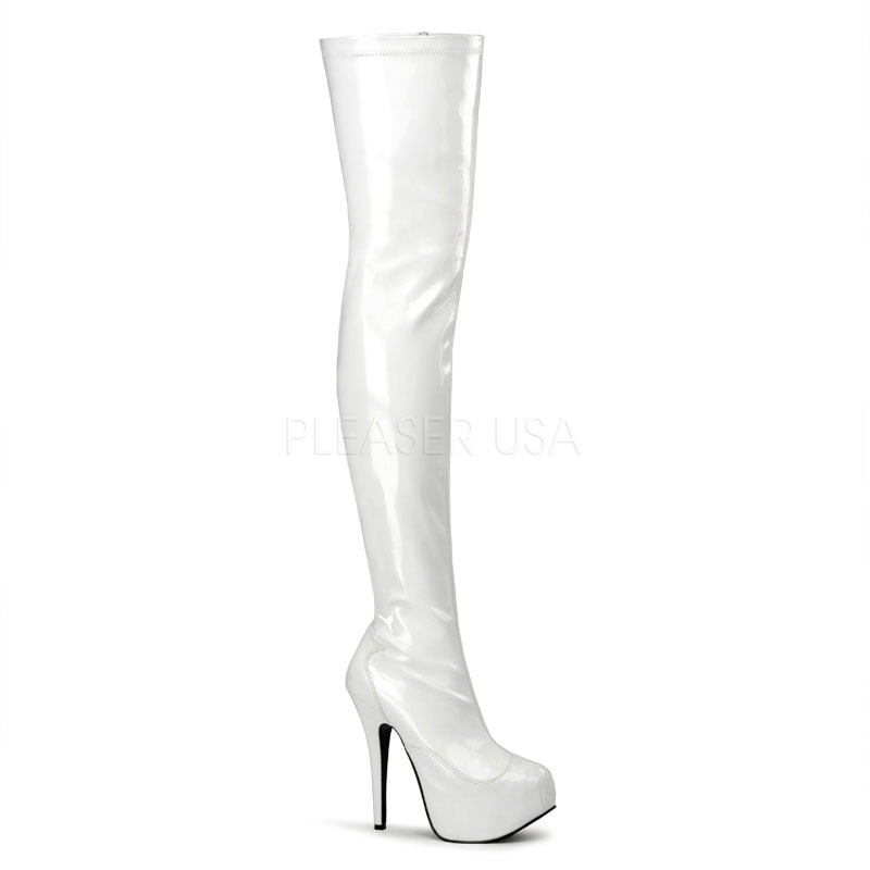 BORDELLO TEEZE-3000 5 3/4" Heel, 1 3/4" Hidden PF Stretch Thigh Boot, Side Zip/Wht Str Pat