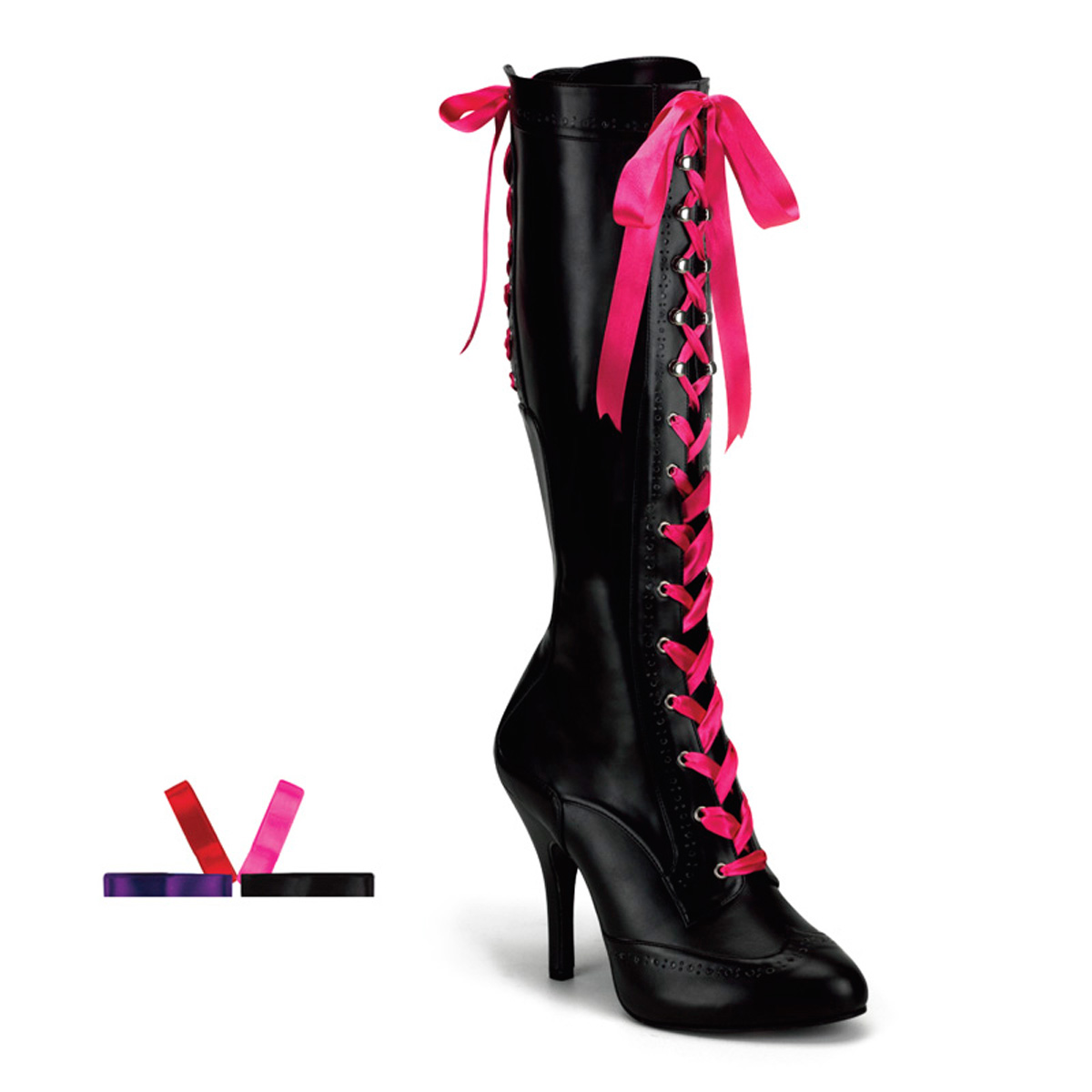 BORDELLO TEMPT-125 Ribbon Lace Up Knee Boot W/Concealed PF Blk Pu