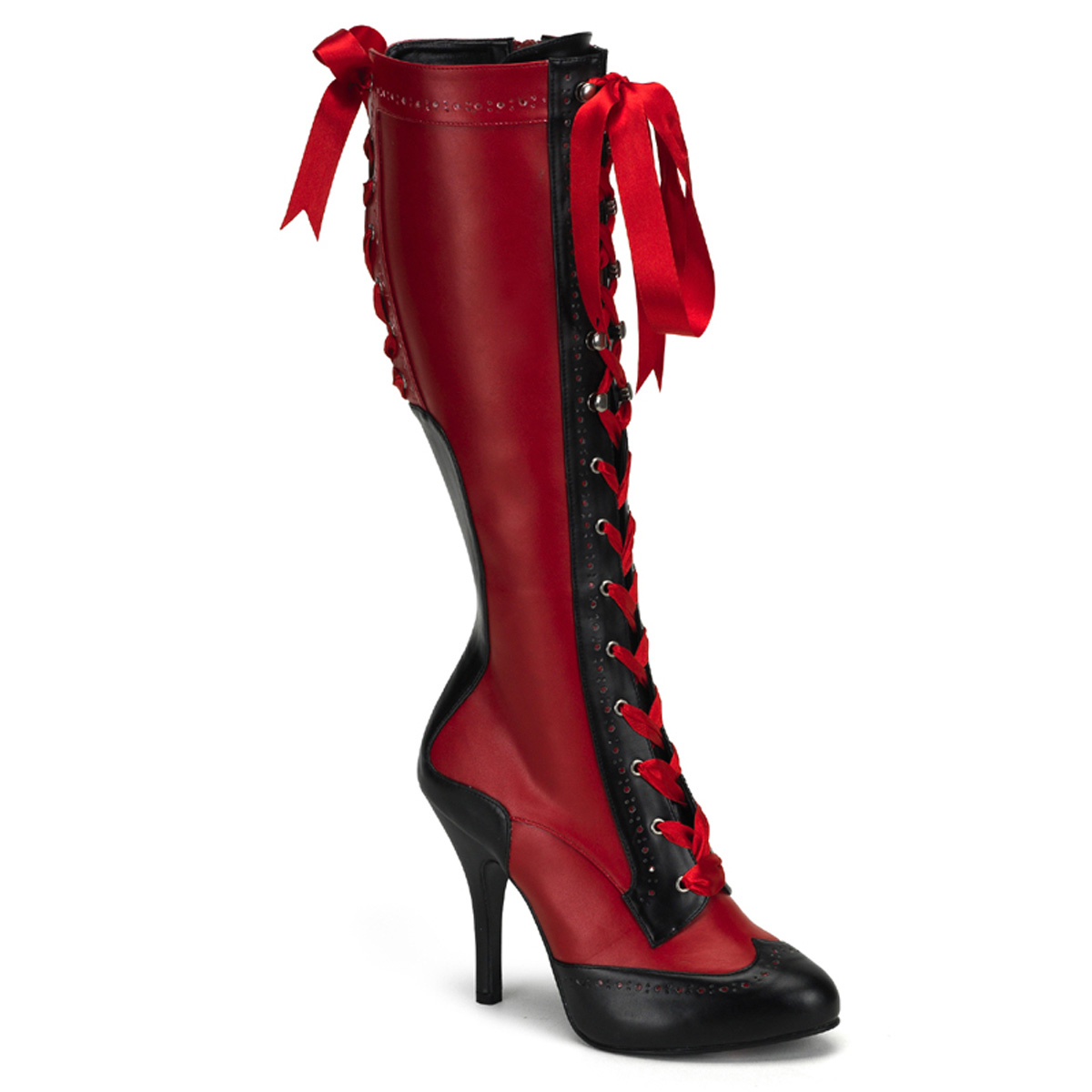 BORDELLO TEMPT-126 4 1/2" Heel Ribbon Lace Up Knee BT W/Concealed PF/Red-Blk Pu