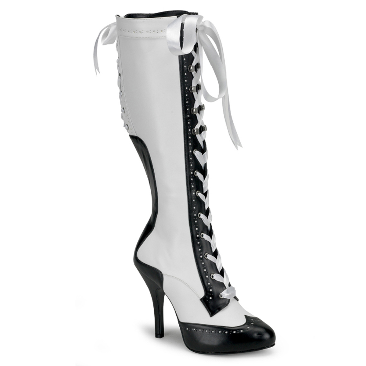 BORDELLO TEMPT-126 4 1/2" Heel Ribbon Lace Up Knee BT W/Concealed PF/Wht-Blk Pu