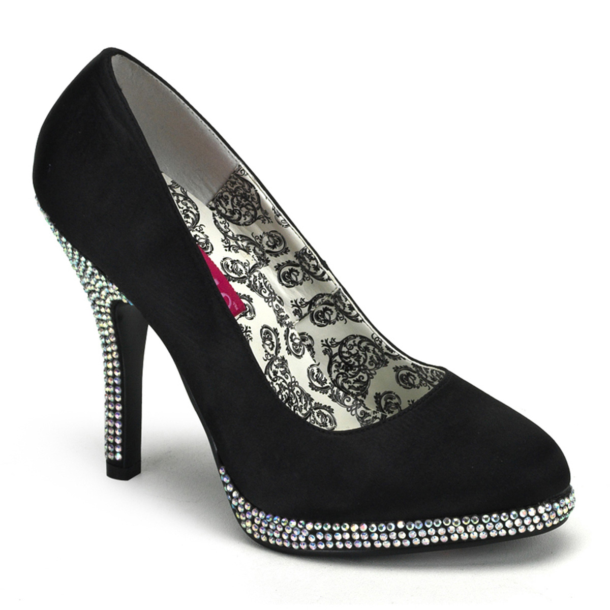 BORDELLO TEMPT-39 4 1/2" Heel Basic Pump W/RS Heel & Platform Blk Satin-Iridescent Rhinestones