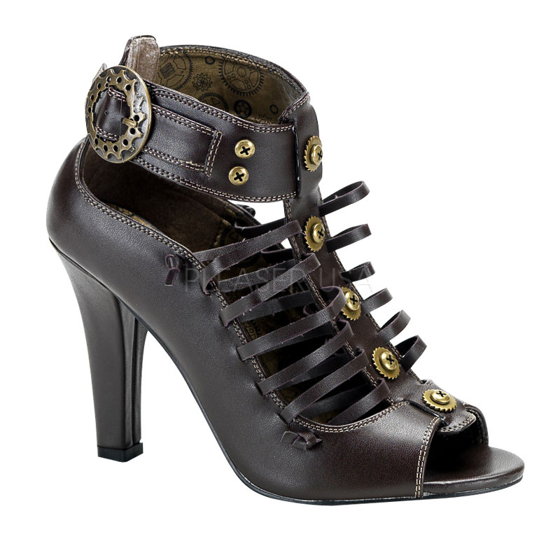 DEMONIA TESLA-05 Steampunk Sandal W/Gear Buckle Brown Pu