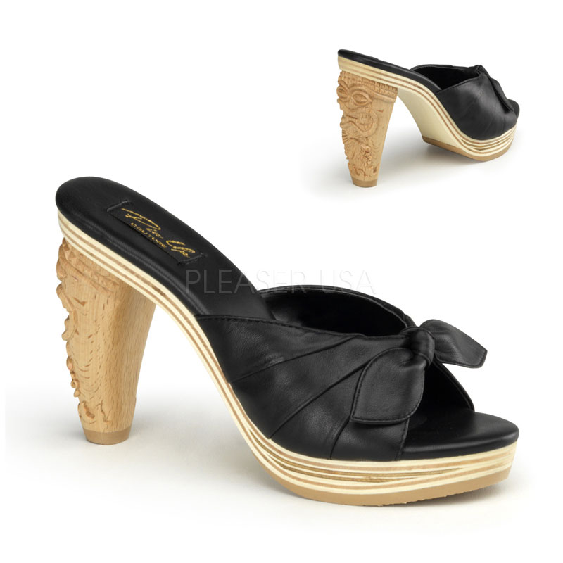 PINUP COUTURE TIKI-102 4" Heel, 3/4" P/F Slide W/ Carved Tiki Heel & Bow Detail Blk Le