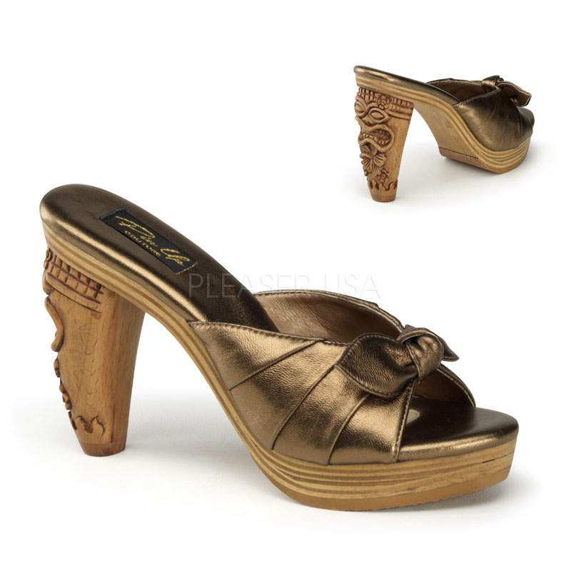 PINUP COUTURE TIKI-102 4" Heel, 3/4" P/F Slide W/ Carved Tiki Heel & Bow Detail Pewter Le